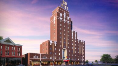 Photo of Crews making progress on Hotel Besse, Kelce School of Business