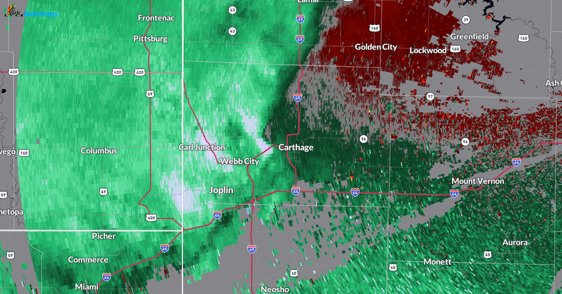 RadarOmega Screenshot Carthage 9:33pm -- Velocity signature