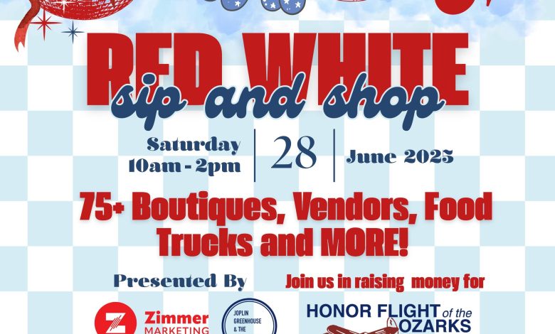 Red white sip and shop graphic