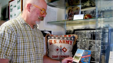 Photo of Camp Crowder traveling museum exhibit in the works